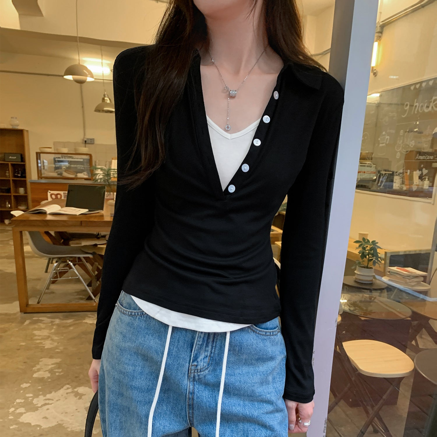 False Two-Piece Long Sleeve T-Shirt Women Fitted Slimming Versatile Inner Wear