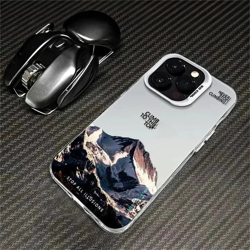 Snow Mountain Landscape Sunset Plating Matte Hard Phone Case For IPhone 16 15 14 13 12 11 Pro Funda Case Cover Bumber Shell