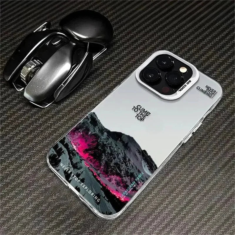 Snow Mountain Landscape Sunset Plating Matte Hard Phone Case For IPhone 16 15 14 13 12 11 Pro Funda Case Cover Bumber Shell