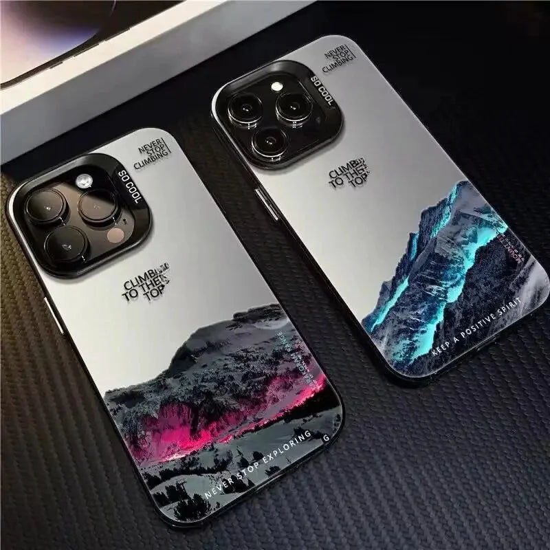 Snow Mountain Landscape Sunset Plating Matte Hard Phone Case For IPhone 16 15 14 13 12 11 Pro Funda Case Cover Bumber Shell