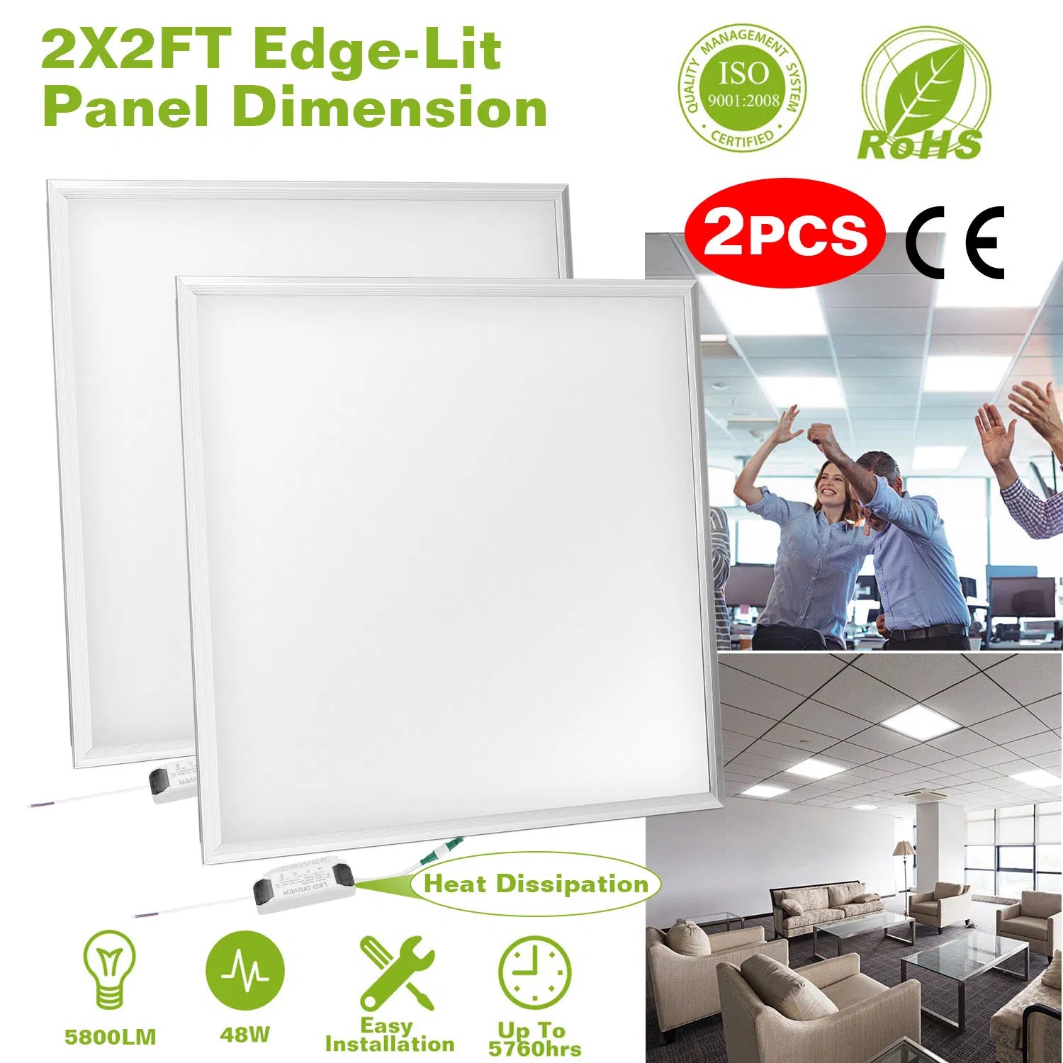LED Panel Light 5800LM 7000K Ceiling Lighting 150W Equivalent LED Troffer Recessed Edge-Lit